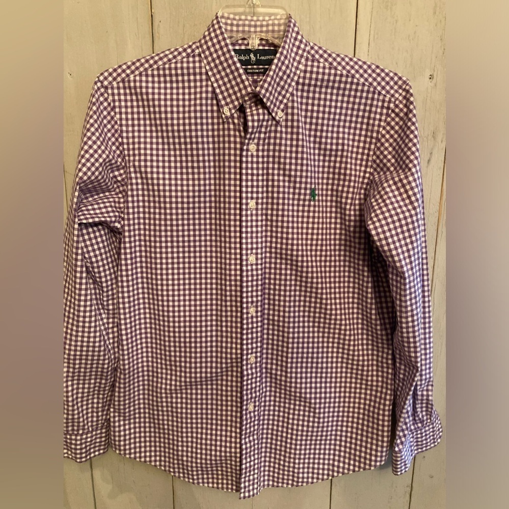 Polo Ralph Lauren Shirt Mens Medium Purple Gingham Check custom fit, pony Logo!‎
